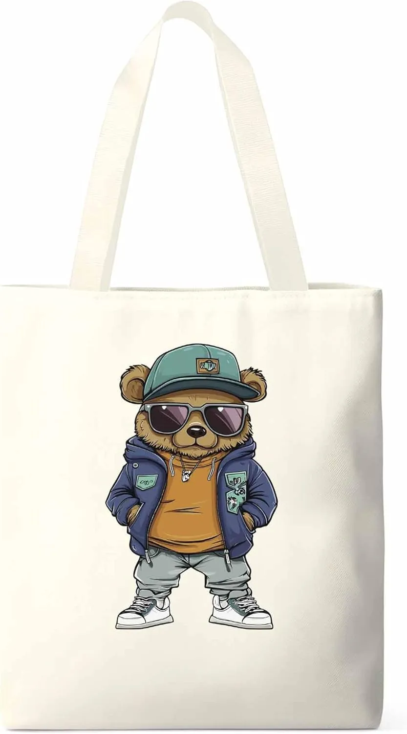 Canvas Tote Bag, Hip-hop Style Brown Bears Aesthetic Canvas Tote Handbags for Women Shoulder Bag