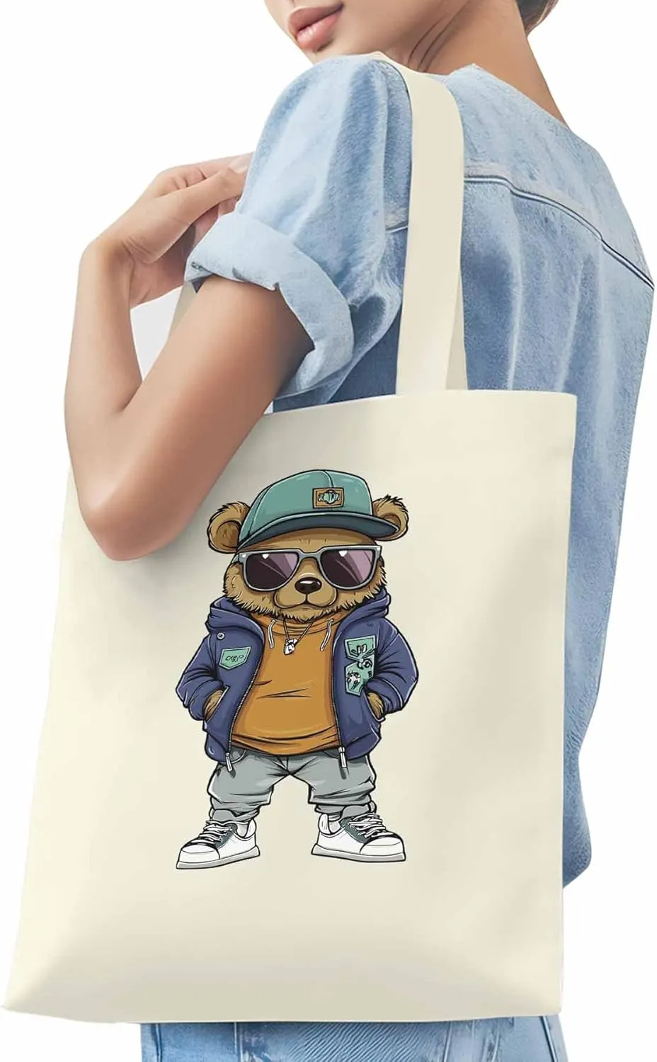 Canvas Tote Bag, Hip-hop Style Brown Bears Aesthetic Canvas Tote Handbags for Women Shoulder Bag