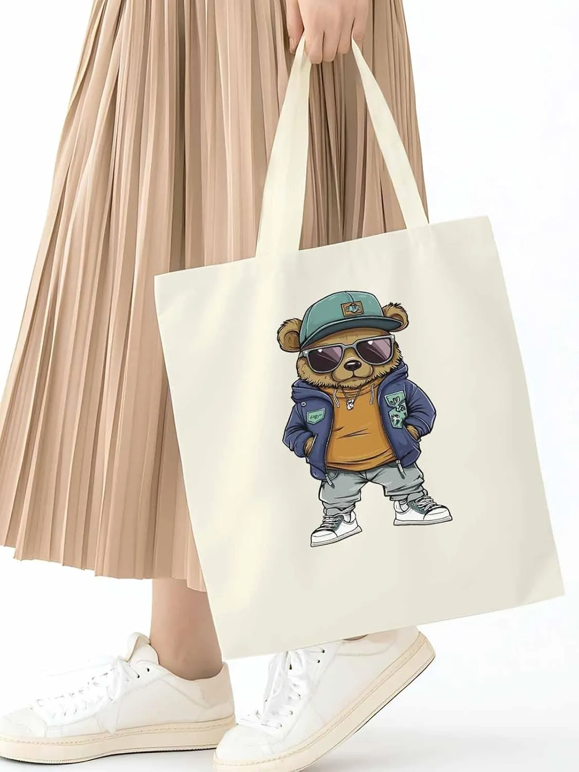 Canvas Tote Bag, Hip-hop Style Brown Bears Aesthetic Canvas Tote Handbags for Women Shoulder Bag