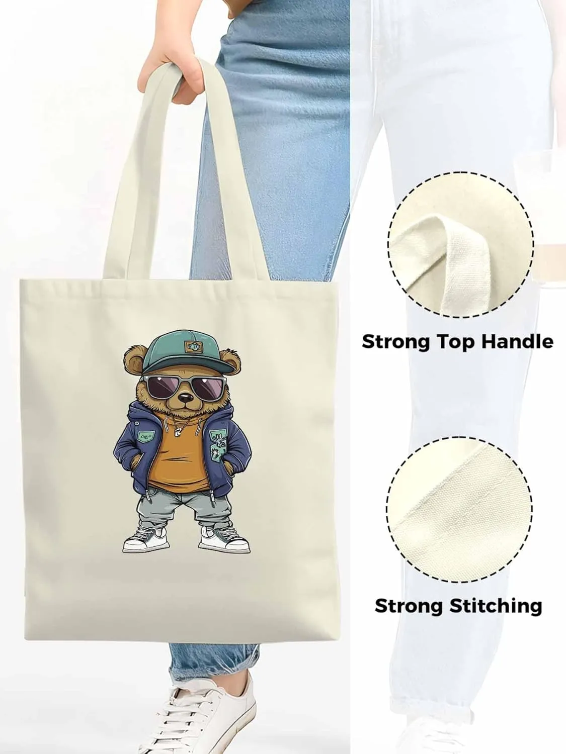 Canvas Tote Bag, Hip-hop Style Brown Bears Aesthetic Canvas Tote Handbags for Women Shoulder Bag