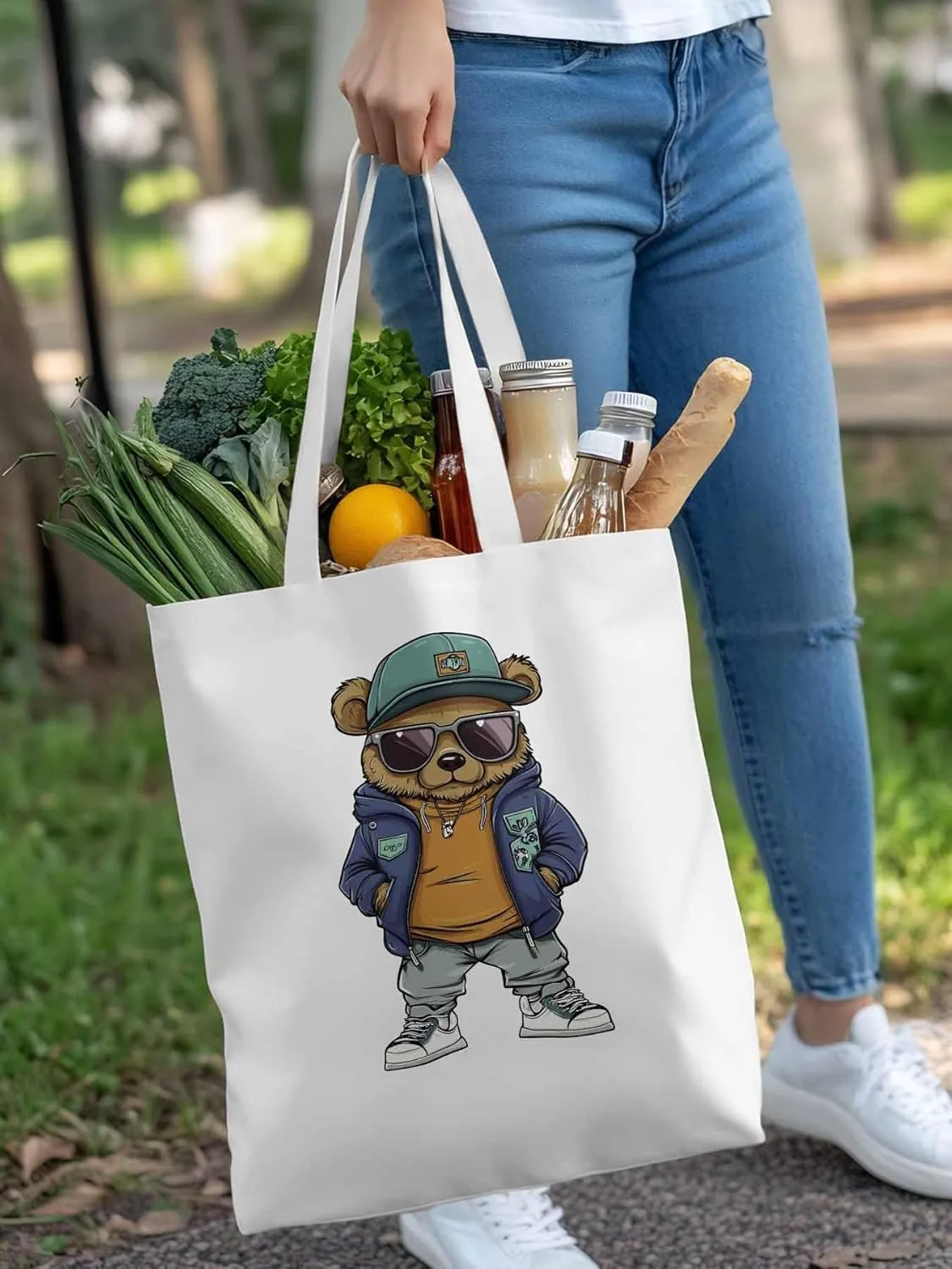 Canvas Tote Bag, Hip-hop Style Brown Bears Aesthetic Canvas Tote Handbags for Women Shoulder Bag