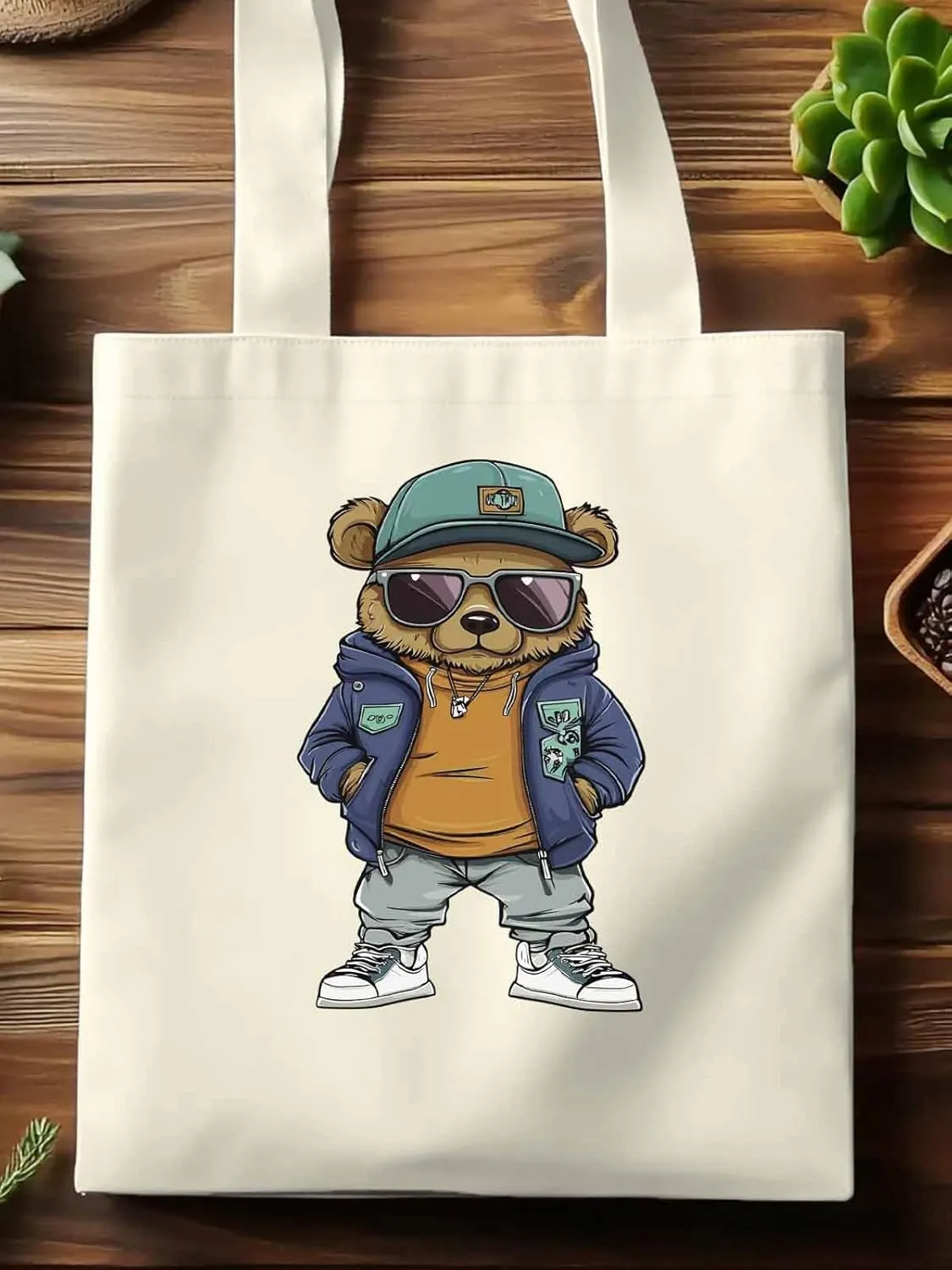 Canvas Tote Bag, Hip-hop Style Brown Bears Aesthetic Canvas Tote Handbags for Women Shoulder Bag