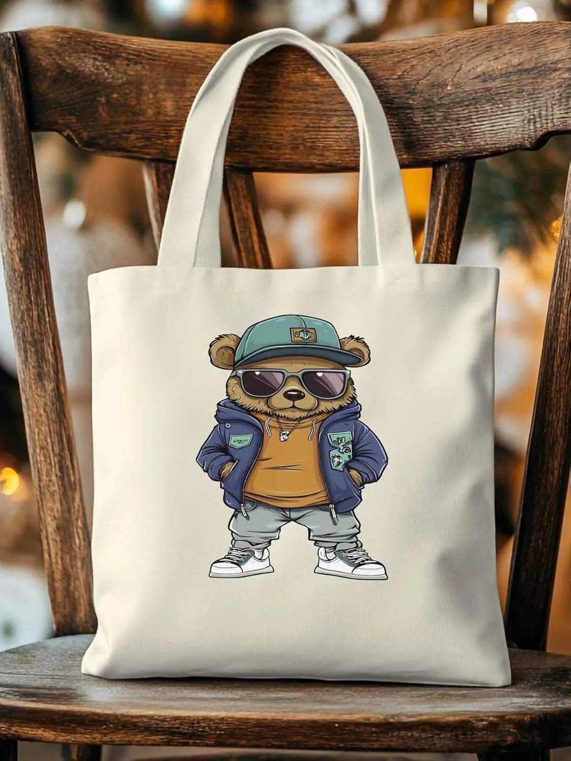 Canvas Tote Bag, Hip-hop Style Brown Bears Aesthetic Canvas Tote Handbags for Women Shoulder Bag