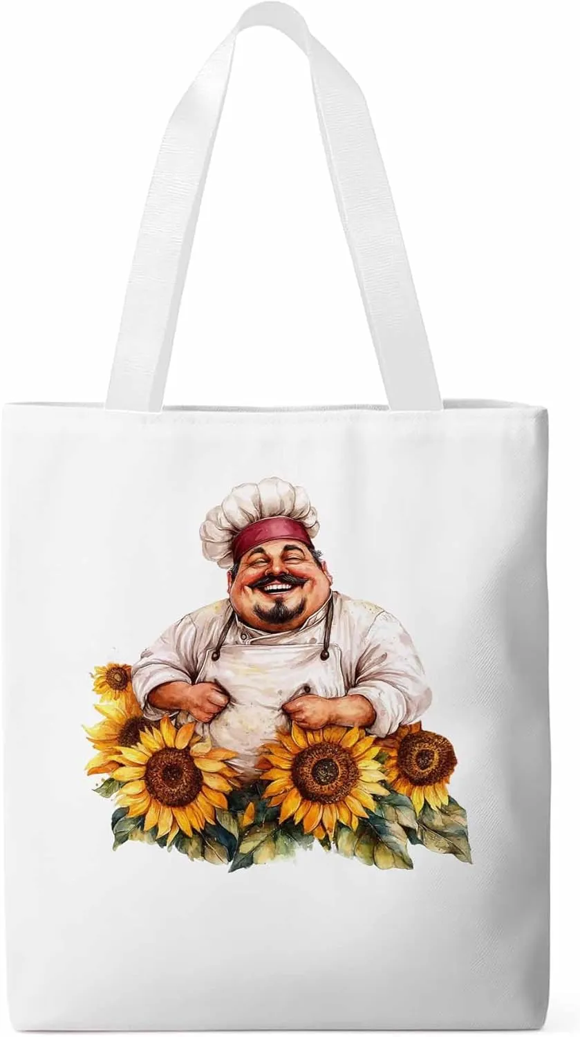 Canvas Tote Bag, Laugh Kitchen Fat Chef Sunflower Aesthetic Canvas Tote Handbags for Women Shoulder Bag