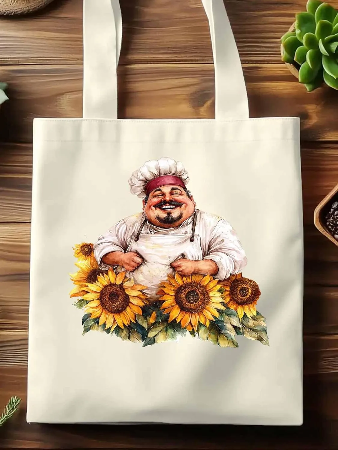 Canvas Tote Bag, Laugh Kitchen Fat Chef Sunflower Aesthetic Canvas Tote Handbags for Women Shoulder Bag