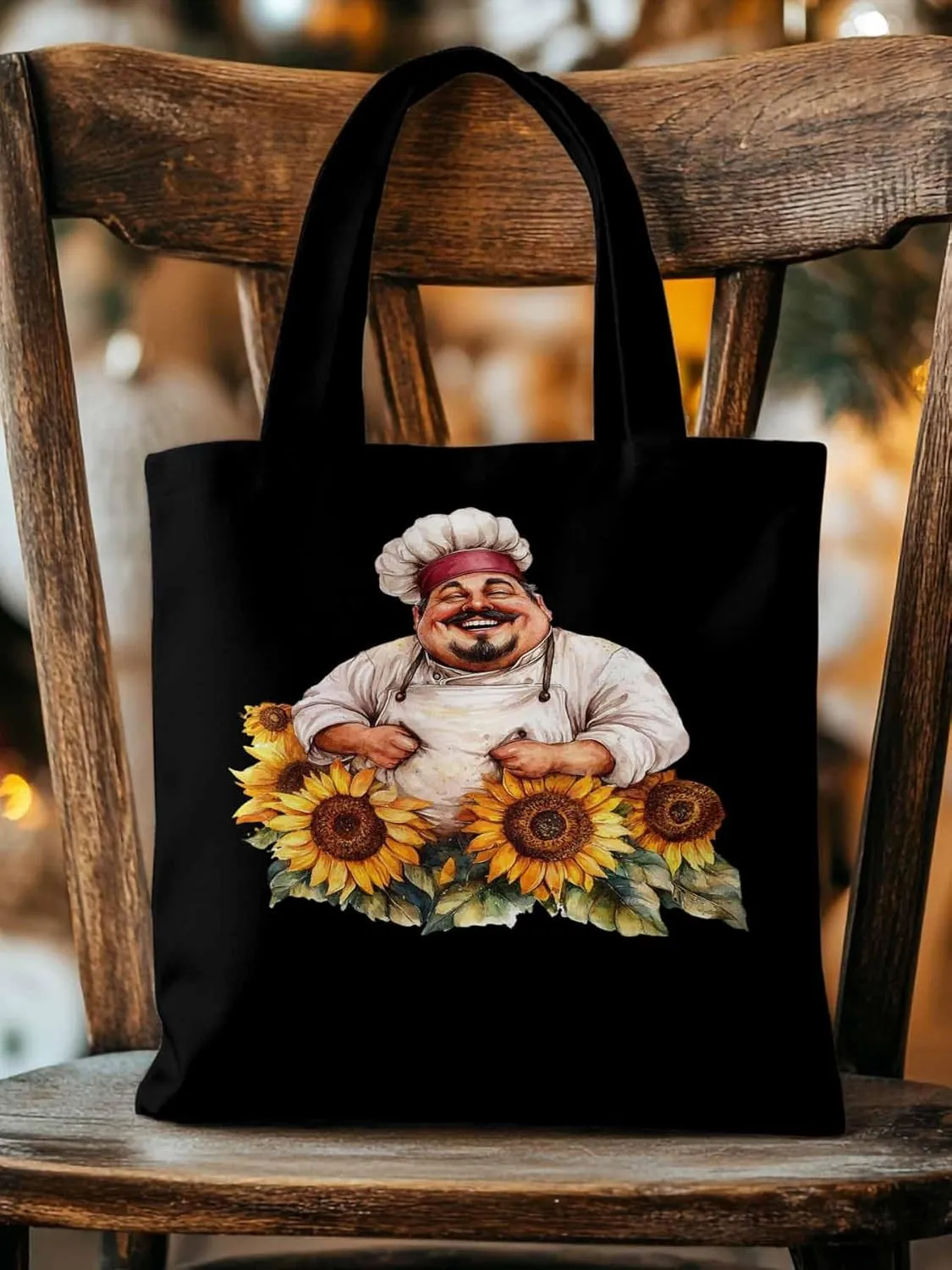 Canvas Tote Bag, Laugh Kitchen Fat Chef Sunflower Aesthetic Canvas Tote Handbags for Women Shoulder Bag