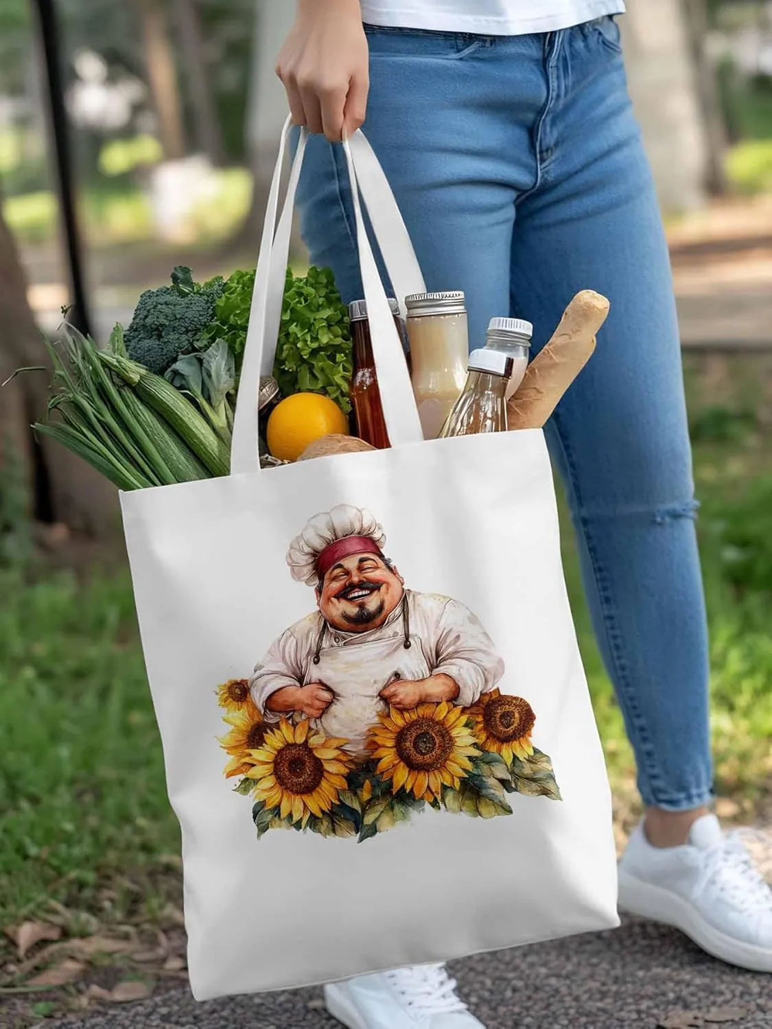 Canvas Tote Bag, Laugh Kitchen Fat Chef Sunflower Aesthetic Canvas Tote Handbags for Women Shoulder Bag
