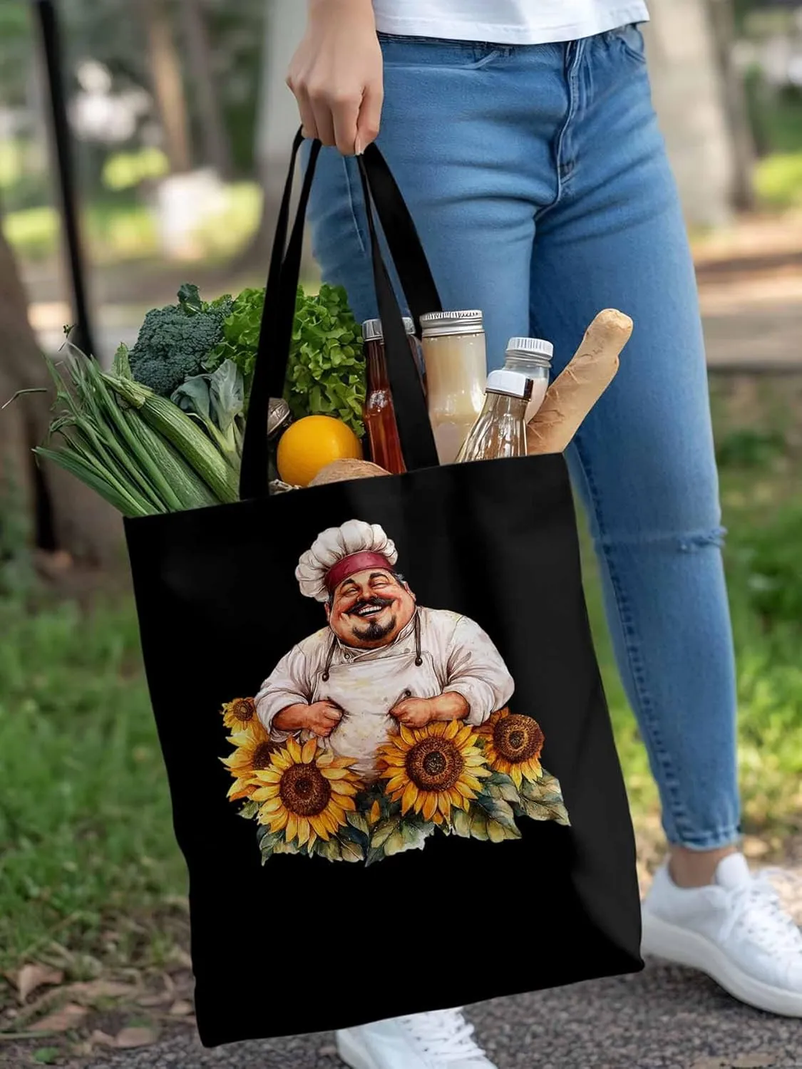 Canvas Tote Bag, Laugh Kitchen Fat Chef Sunflower Aesthetic Canvas Tote Handbags for Women Shoulder Bag