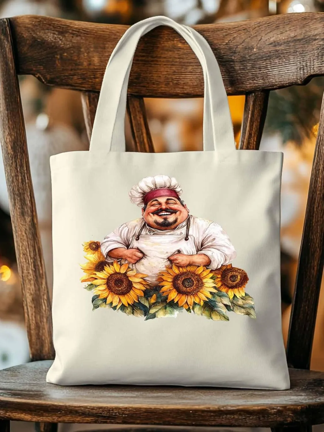 Canvas Tote Bag, Laugh Kitchen Fat Chef Sunflower Aesthetic Canvas Tote Handbags for Women Shoulder Bag