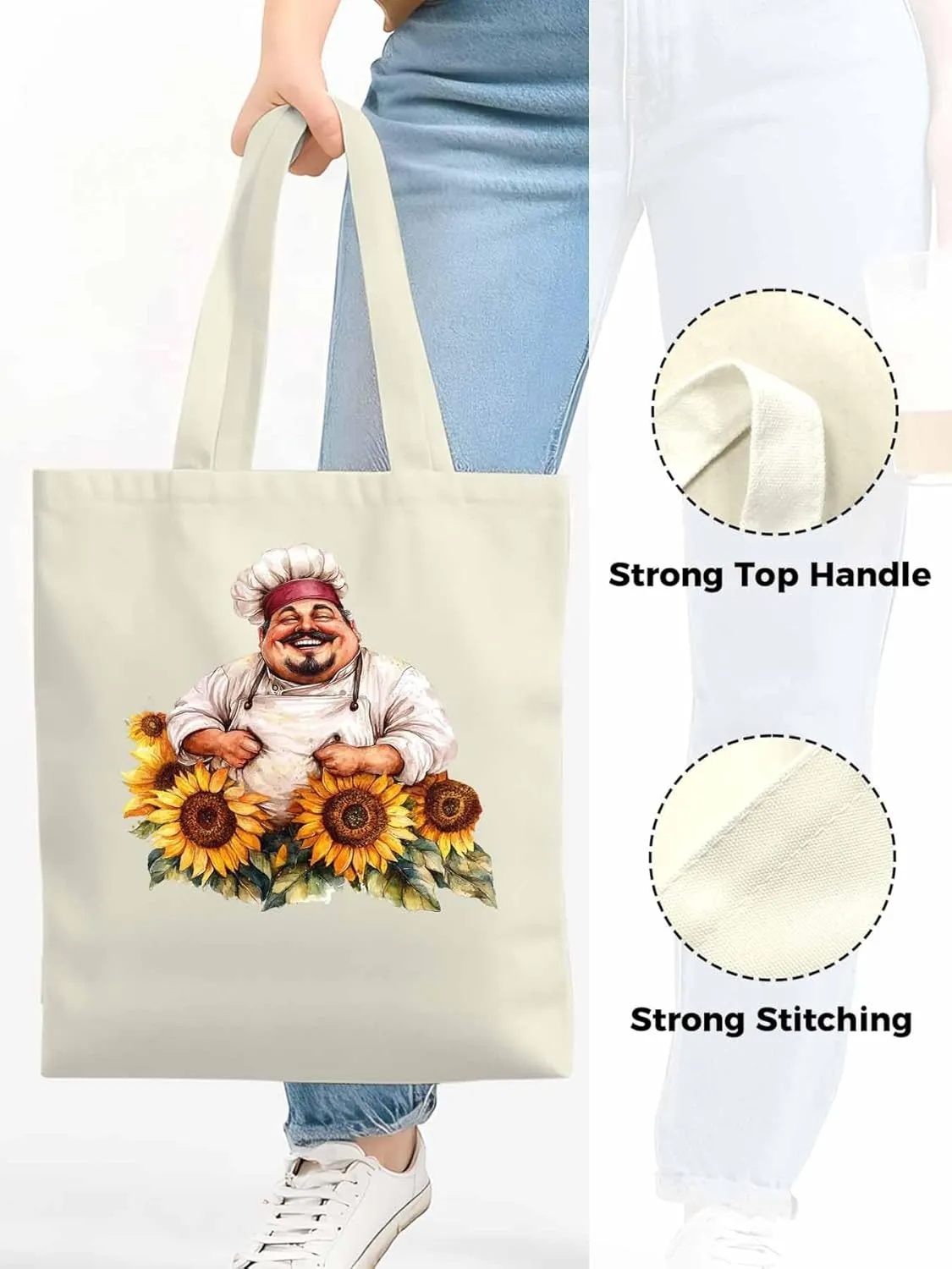 Canvas Tote Bag, Laugh Kitchen Fat Chef Sunflower Aesthetic Canvas Tote Handbags for Women Shoulder Bag