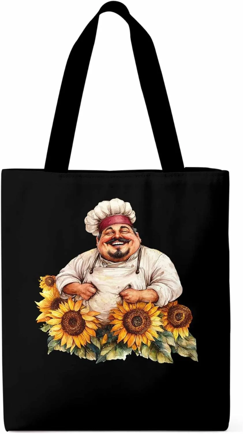 Canvas Tote Bag, Laugh Kitchen Fat Chef Sunflower Aesthetic Canvas Tote Handbags for Women Shoulder Bag