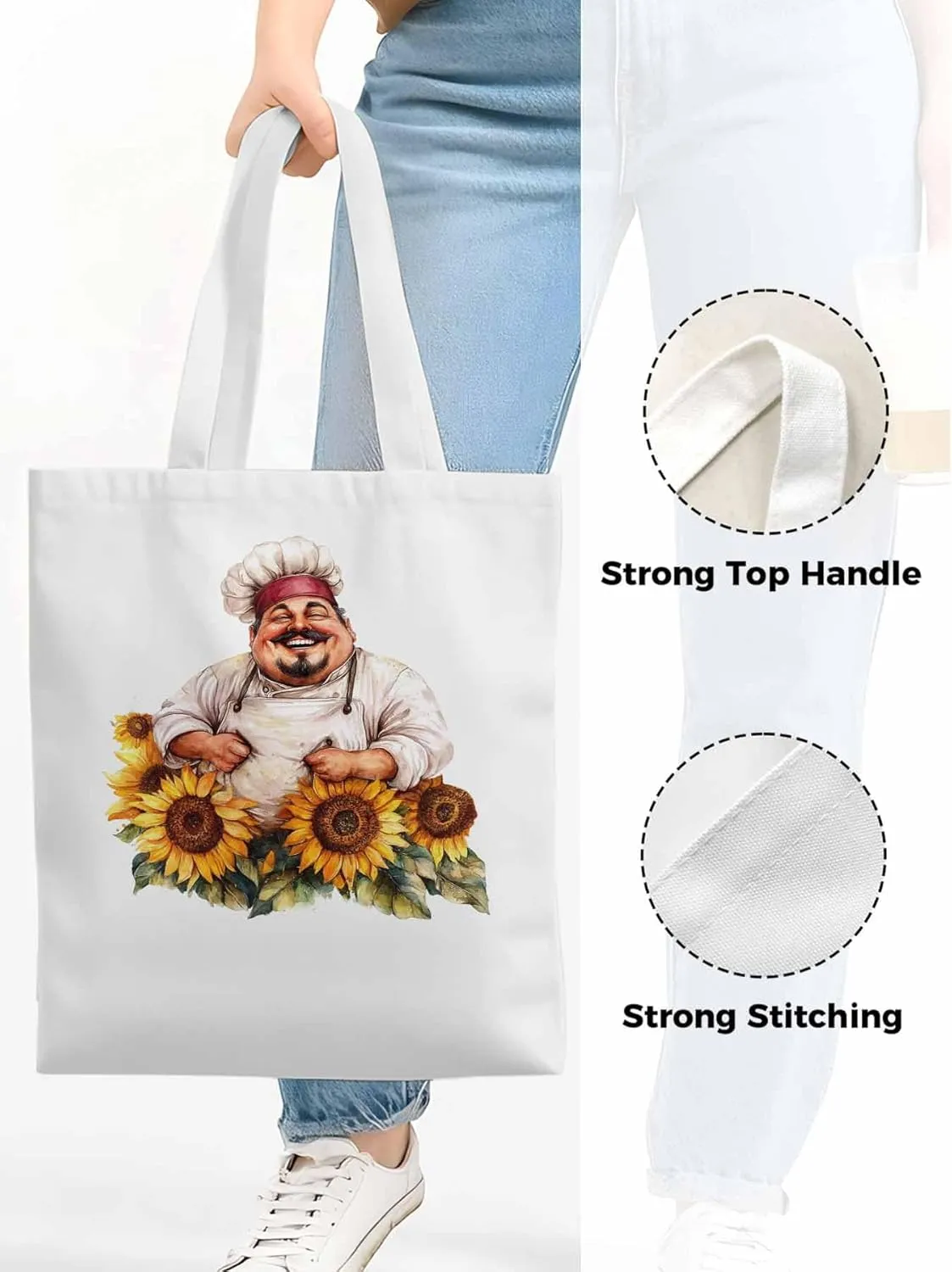 Canvas Tote Bag, Laugh Kitchen Fat Chef Sunflower Aesthetic Canvas Tote Handbags for Women Shoulder Bag
