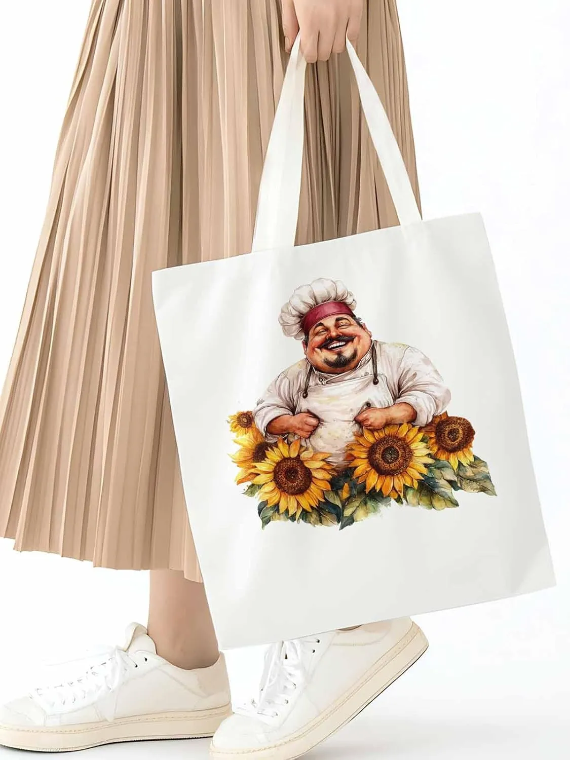 Canvas Tote Bag, Laugh Kitchen Fat Chef Sunflower Aesthetic Canvas Tote Handbags for Women Shoulder Bag
