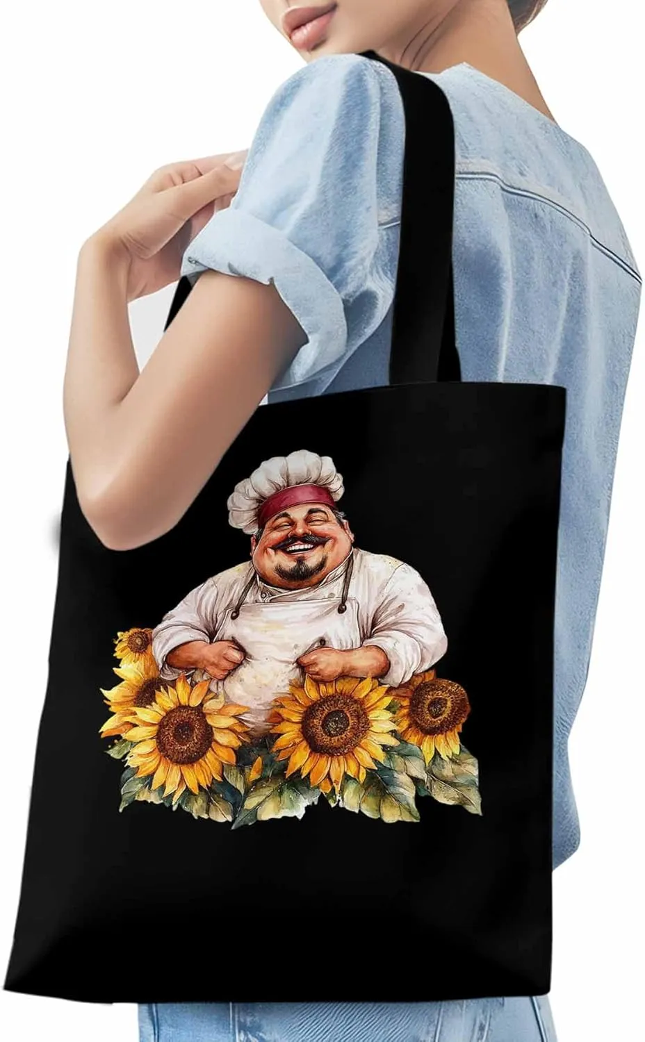Canvas Tote Bag, Laugh Kitchen Fat Chef Sunflower Aesthetic Canvas Tote Handbags for Women Shoulder Bag