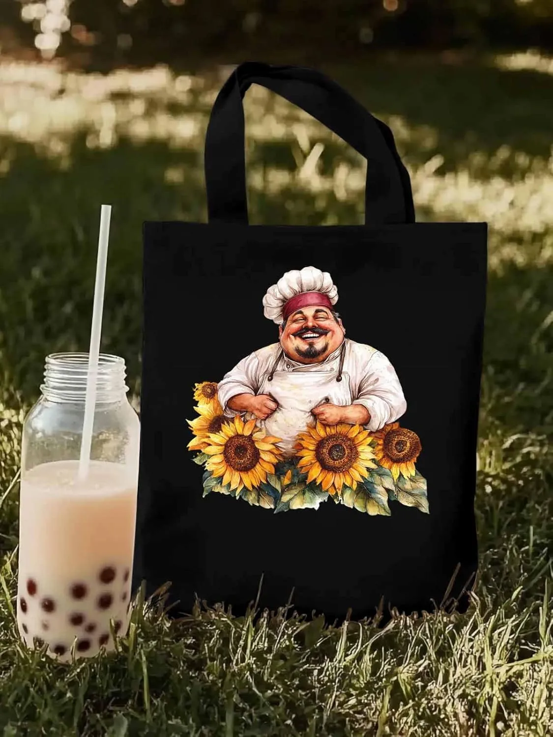 Canvas Tote Bag, Laugh Kitchen Fat Chef Sunflower Aesthetic Canvas Tote Handbags for Women Shoulder Bag