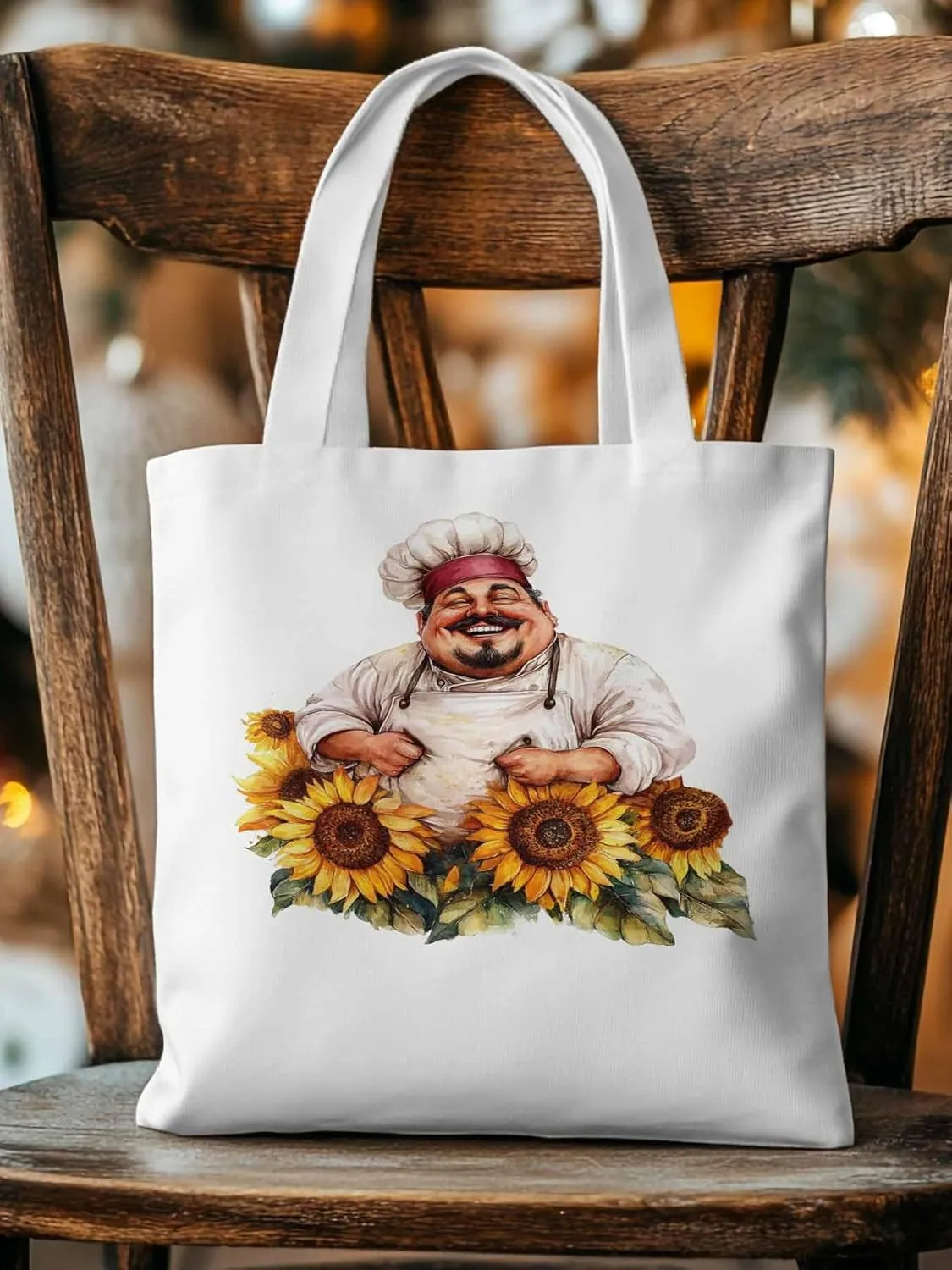 Canvas Tote Bag, Laugh Kitchen Fat Chef Sunflower Aesthetic Canvas Tote Handbags for Women Shoulder Bag