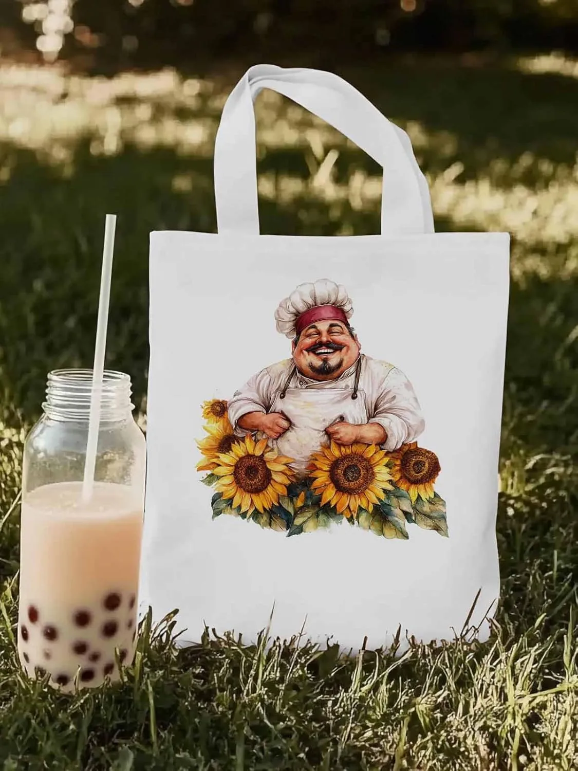 Canvas Tote Bag, Laugh Kitchen Fat Chef Sunflower Aesthetic Canvas Tote Handbags for Women Shoulder Bag