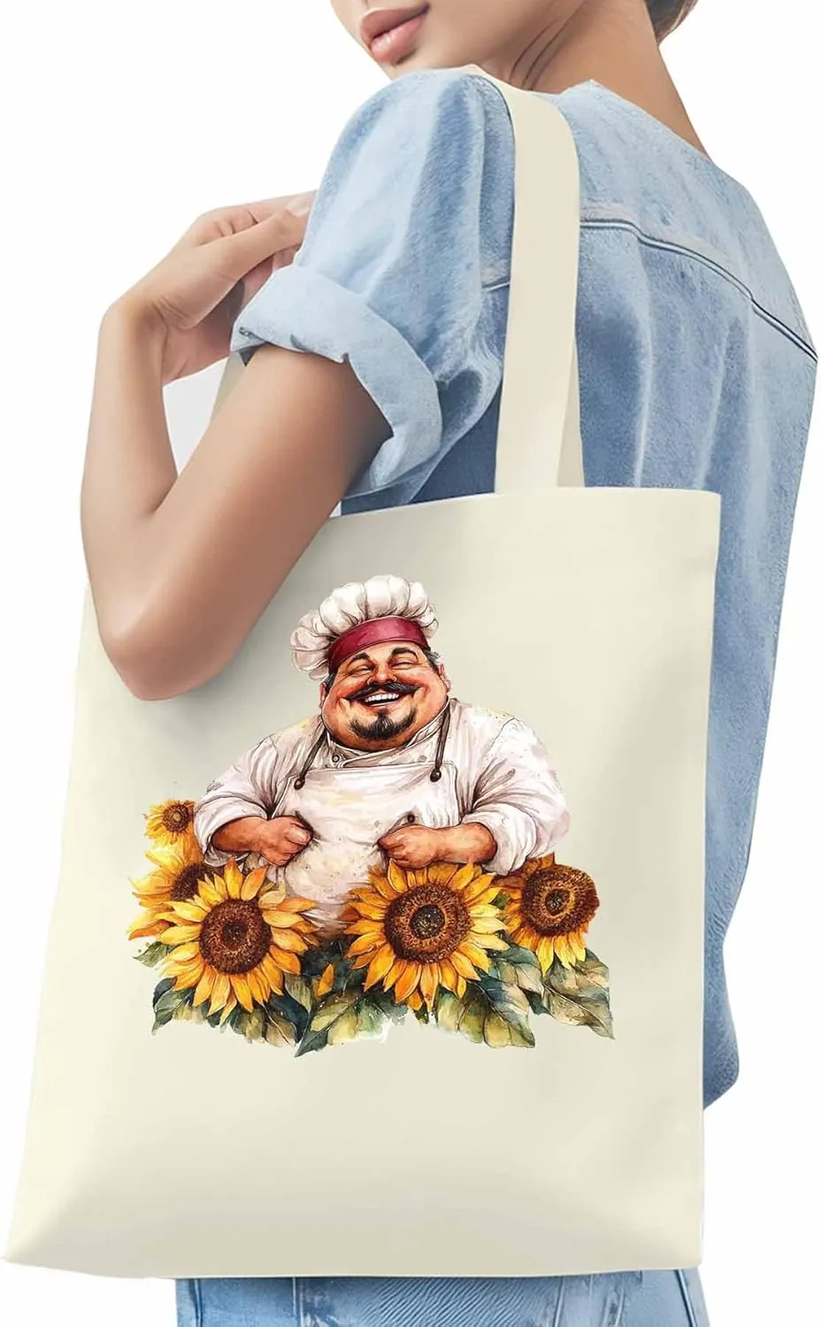 Canvas Tote Bag, Laugh Kitchen Fat Chef Sunflower Aesthetic Canvas Tote Handbags for Women Shoulder Bag