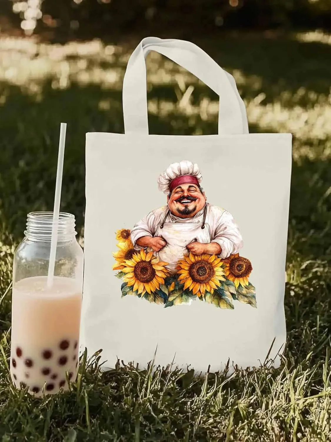 Canvas Tote Bag, Laugh Kitchen Fat Chef Sunflower Aesthetic Canvas Tote Handbags for Women Shoulder Bag
