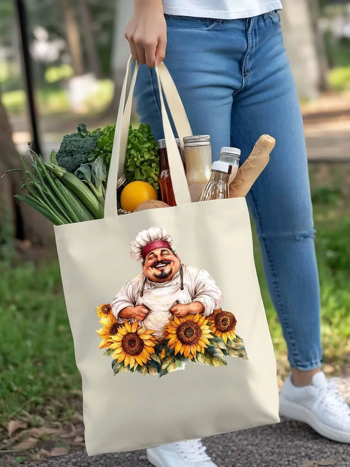 Canvas Tote Bag, Laugh Kitchen Fat Chef Sunflower Aesthetic Canvas Tote Handbags for Women Shoulder Bag