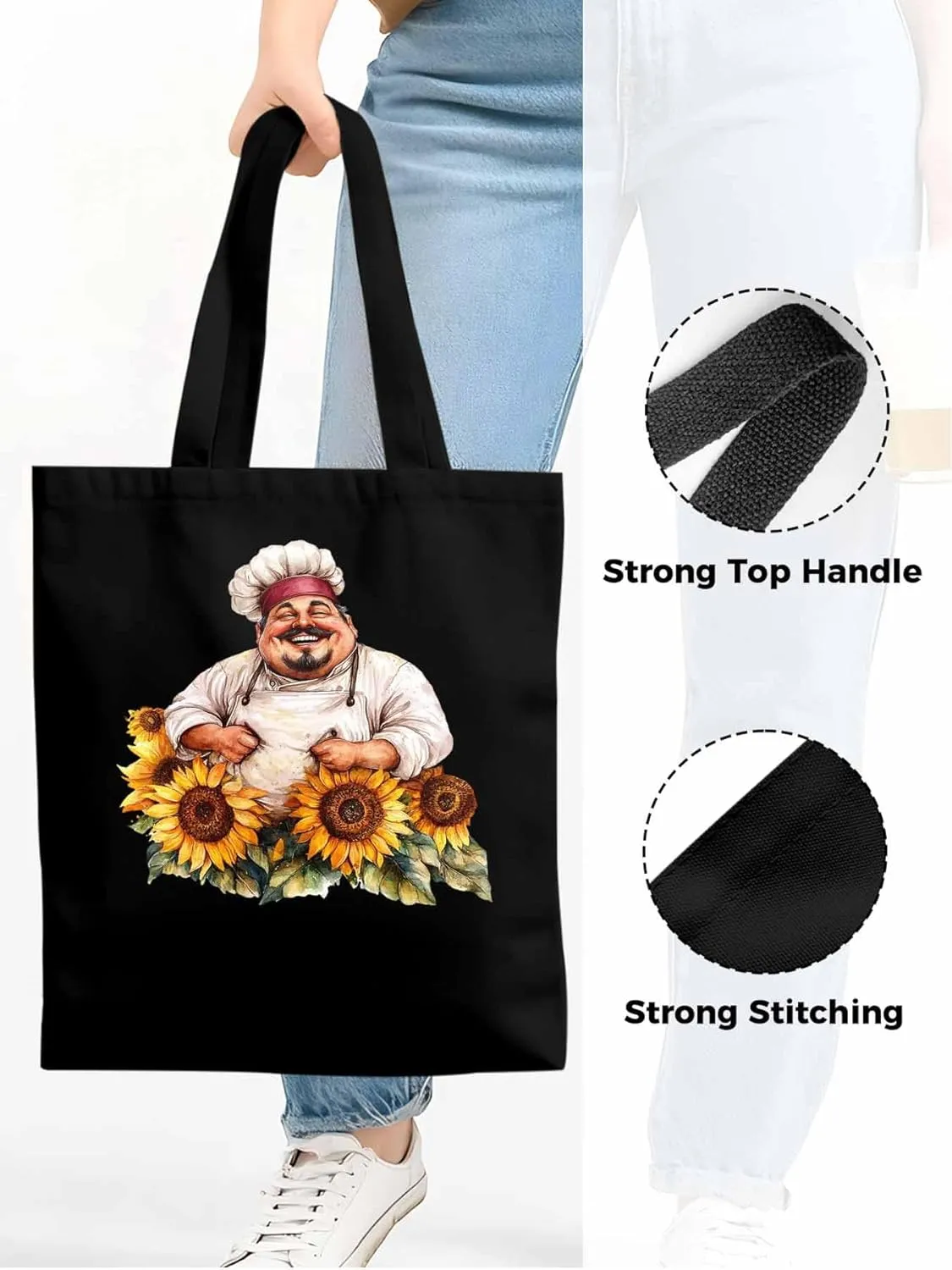 Canvas Tote Bag, Laugh Kitchen Fat Chef Sunflower Aesthetic Canvas Tote Handbags for Women Shoulder Bag