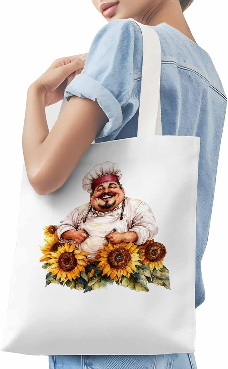 Canvas Tote Bag, Laugh Kitchen Fat Chef Sunflower Aesthetic Canvas Tote Handbags for Women Shoulder Bag