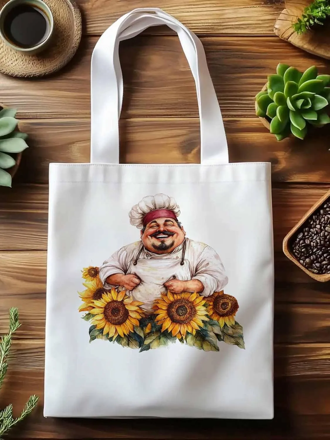 Canvas Tote Bag, Laugh Kitchen Fat Chef Sunflower Aesthetic Canvas Tote Handbags for Women Shoulder Bag