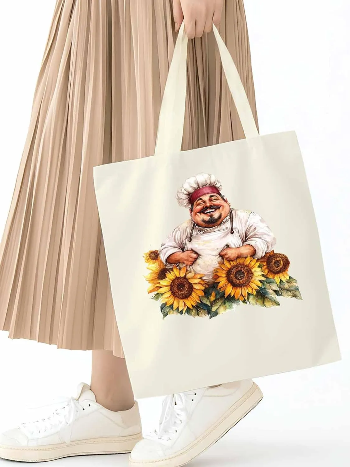 Canvas Tote Bag, Laugh Kitchen Fat Chef Sunflower Aesthetic Canvas Tote Handbags for Women Shoulder Bag