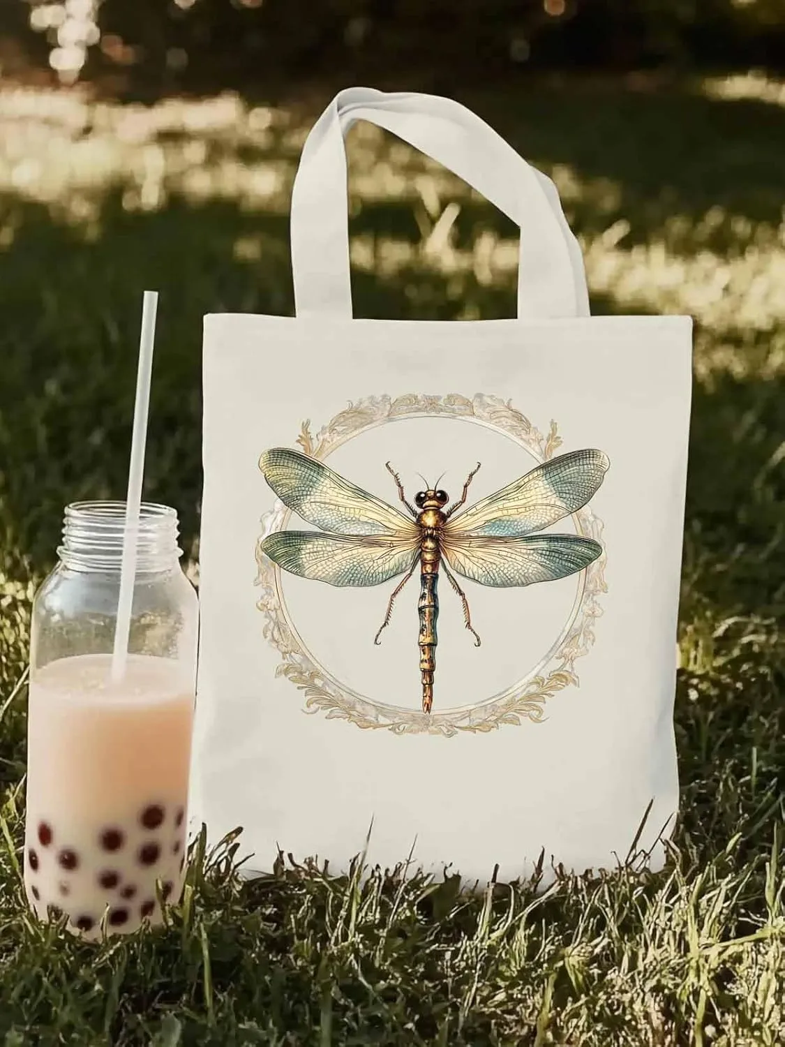 Canvas Tote Bag, Mid Century Dragonfly patterned Canvas Tote Handbags for Women Shoulder Bag,