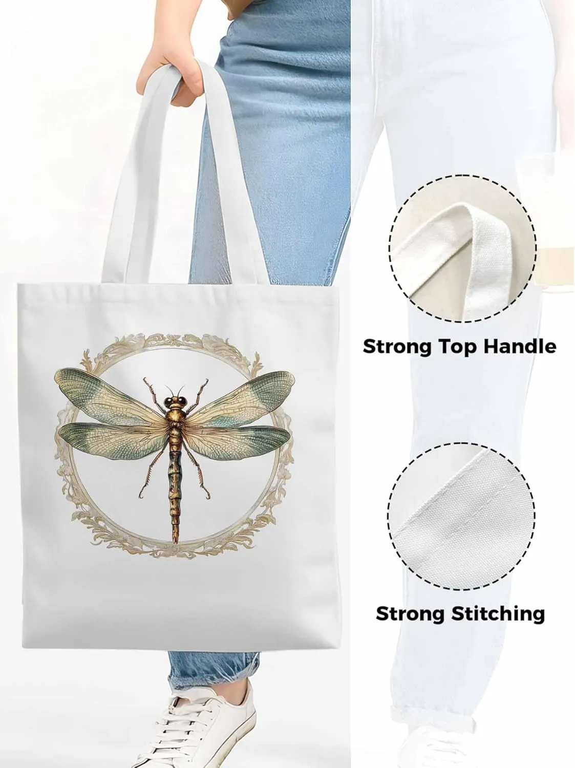 Canvas Tote Bag, Mid Century Dragonfly patterned Canvas Tote Handbags for Women Shoulder Bag,