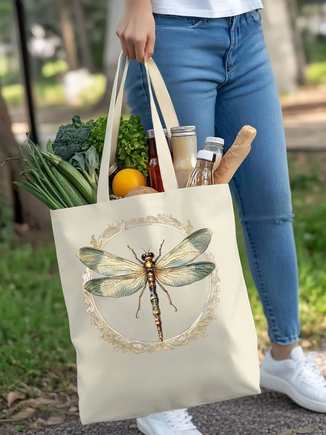 Canvas Tote Bag, Mid Century Dragonfly patterned Canvas Tote Handbags for Women Shoulder Bag,