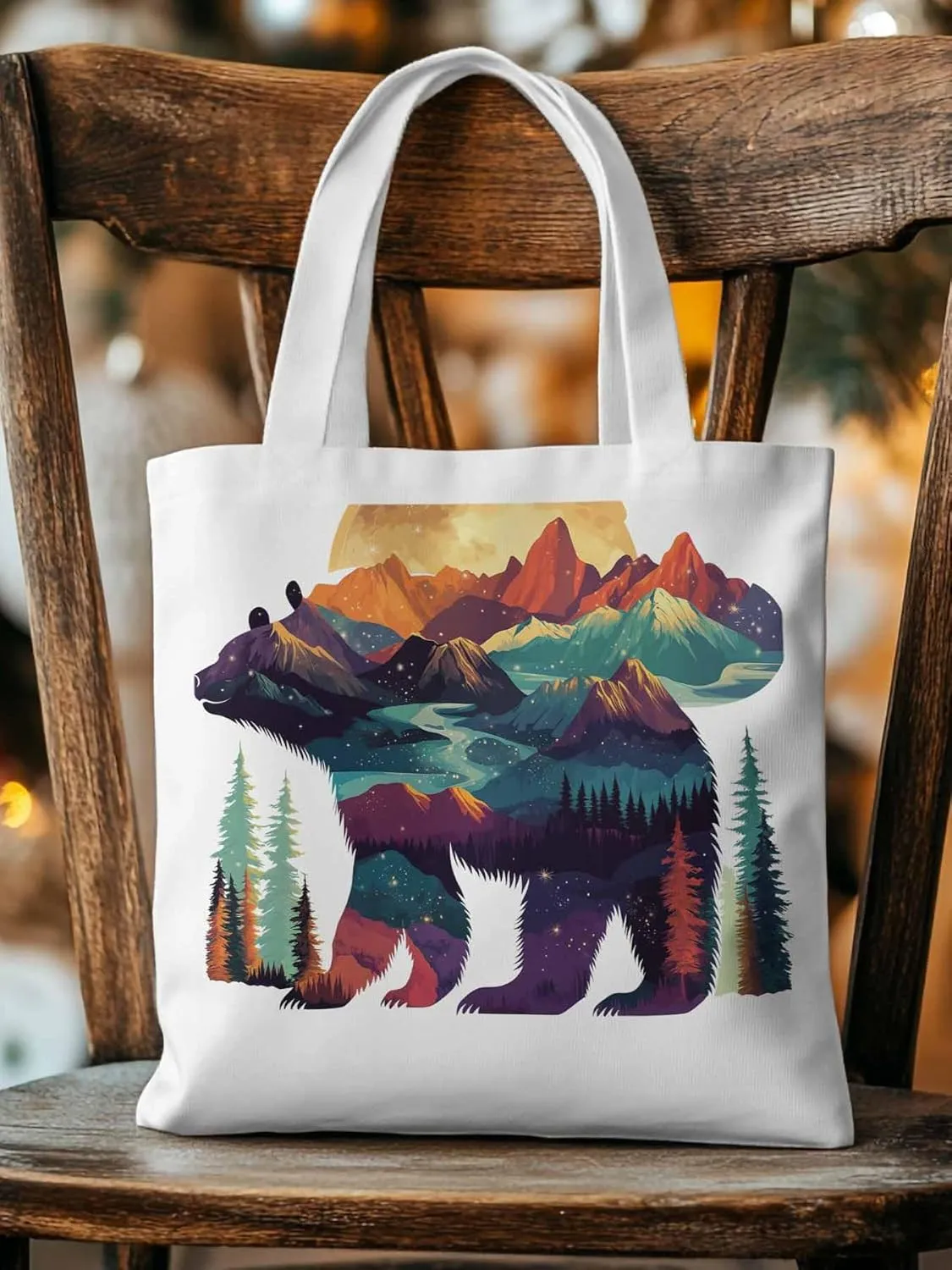 Canvas Tote Bag, Mountain Bear Nature Forest Landscape Aesthetic Canvas Tote Handbags for Women Shoulder Bag,