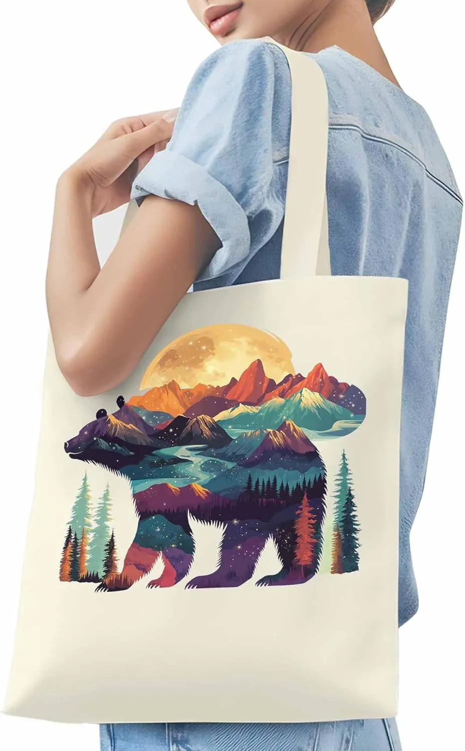 Canvas Tote Bag, Mountain Bear Nature Forest Landscape Aesthetic Canvas Tote Handbags for Women Shoulder Bag,