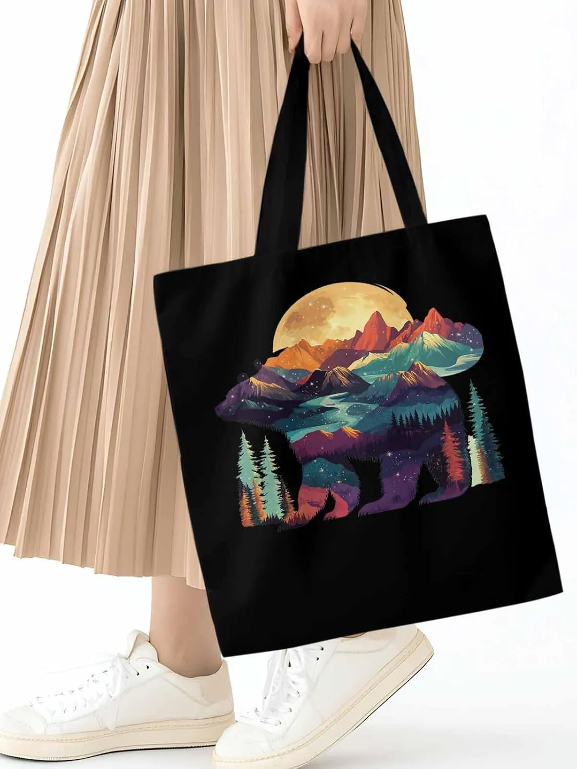 Canvas Tote Bag, Mountain Bear Nature Forest Landscape Aesthetic Canvas Tote Handbags for Women Shoulder Bag,