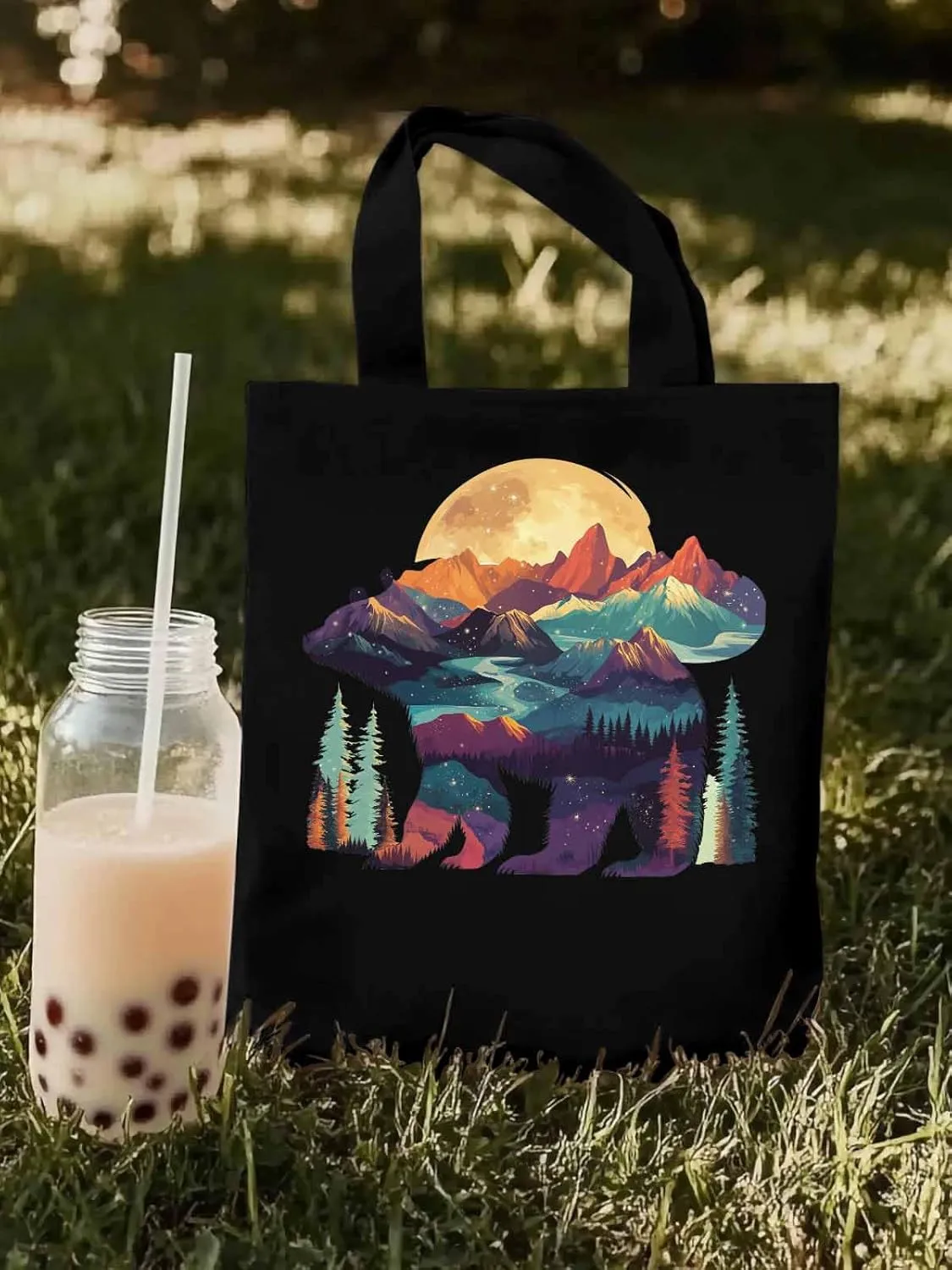Canvas Tote Bag, Mountain Bear Nature Forest Landscape Aesthetic Canvas Tote Handbags for Women Shoulder Bag,