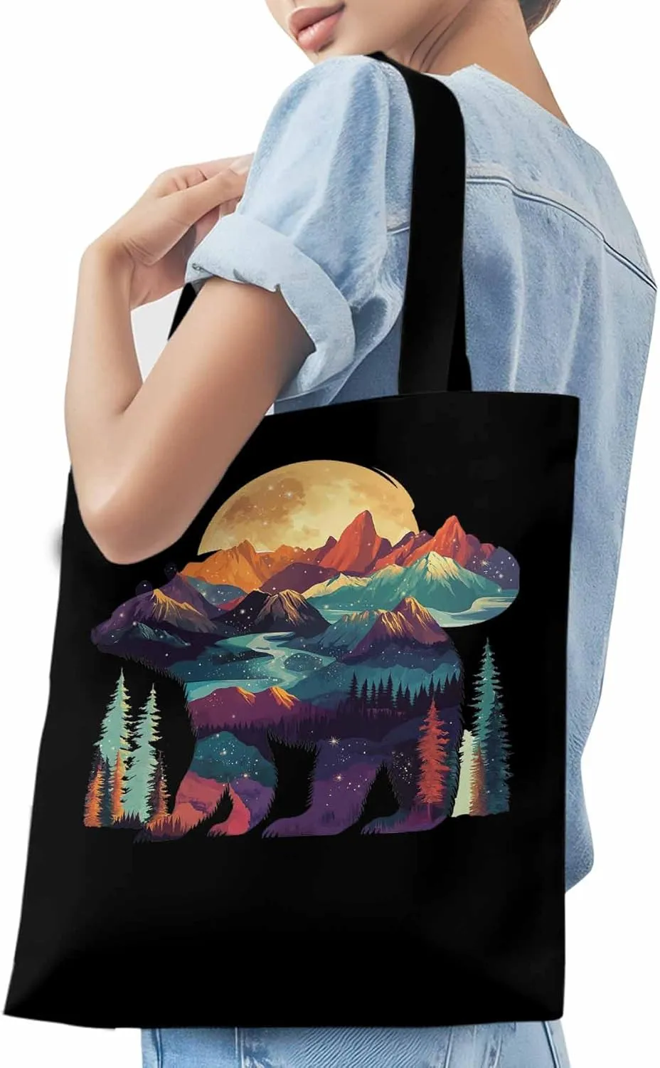 Canvas Tote Bag, Mountain Bear Nature Forest Landscape Aesthetic Canvas Tote Handbags for Women Shoulder Bag,