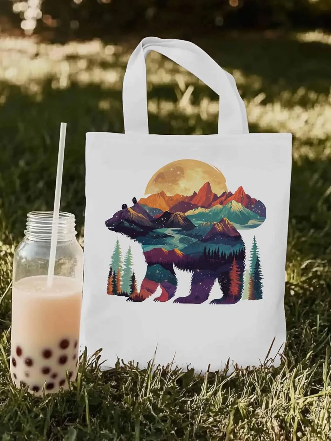Canvas Tote Bag, Mountain Bear Nature Forest Landscape Aesthetic Canvas Tote Handbags for Women Shoulder Bag,