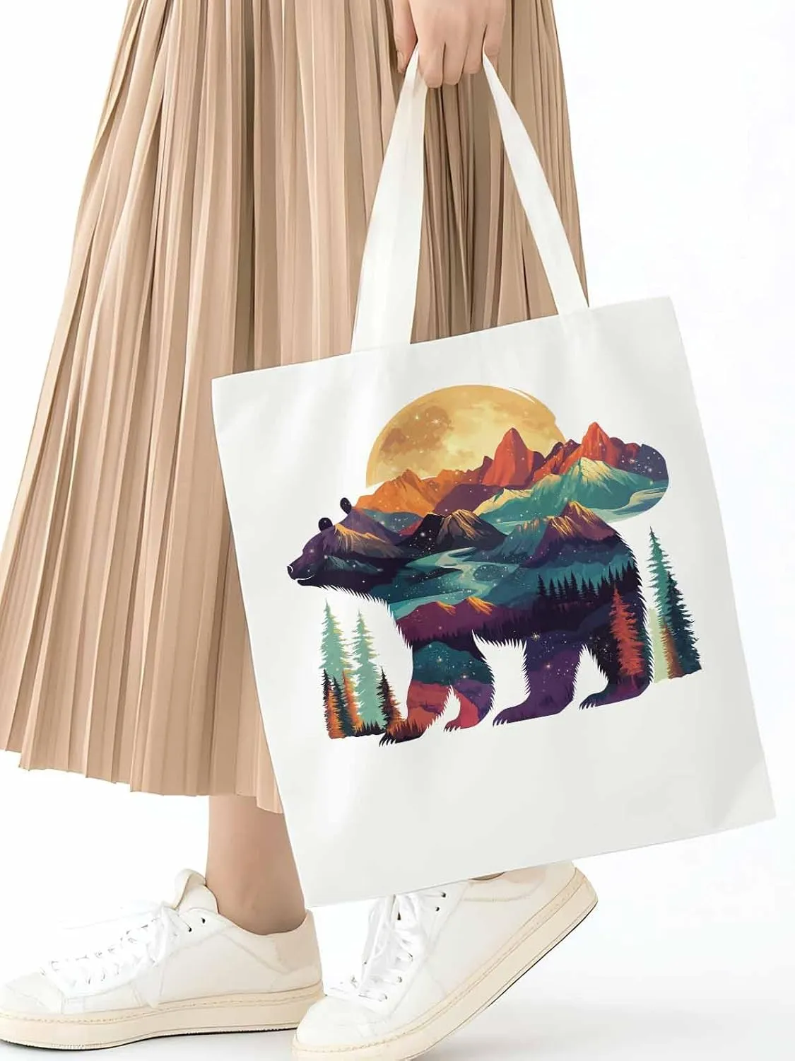 Canvas Tote Bag, Mountain Bear Nature Forest Landscape Aesthetic Canvas Tote Handbags for Women Shoulder Bag,