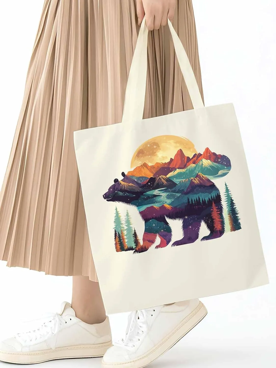 Canvas Tote Bag, Mountain Bear Nature Forest Landscape Aesthetic Canvas Tote Handbags for Women Shoulder Bag,