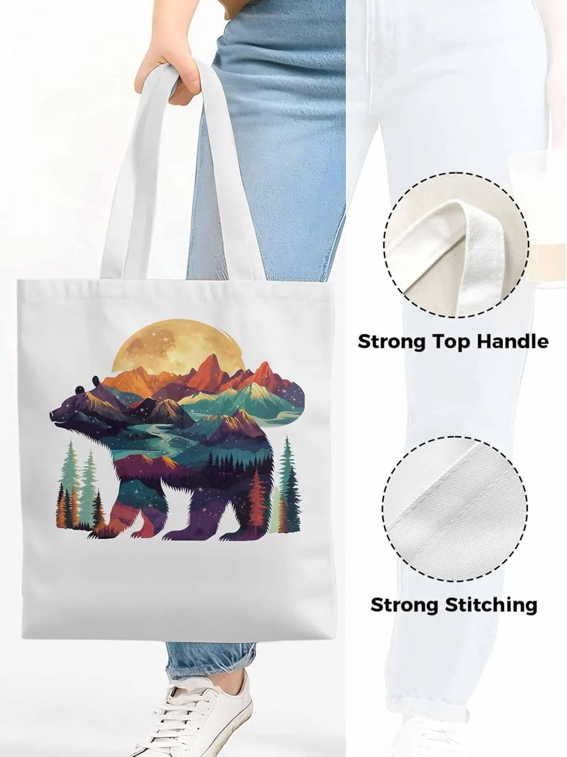 Canvas Tote Bag, Mountain Bear Nature Forest Landscape Aesthetic Canvas Tote Handbags for Women Shoulder Bag,