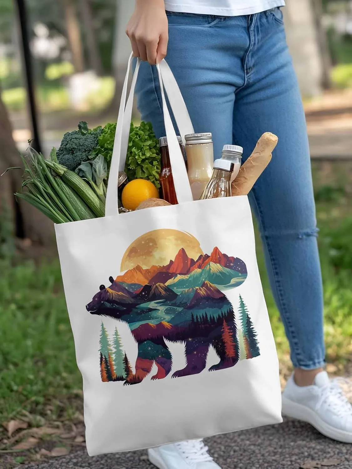 Canvas Tote Bag, Mountain Bear Nature Forest Landscape Aesthetic Canvas Tote Handbags for Women Shoulder Bag,