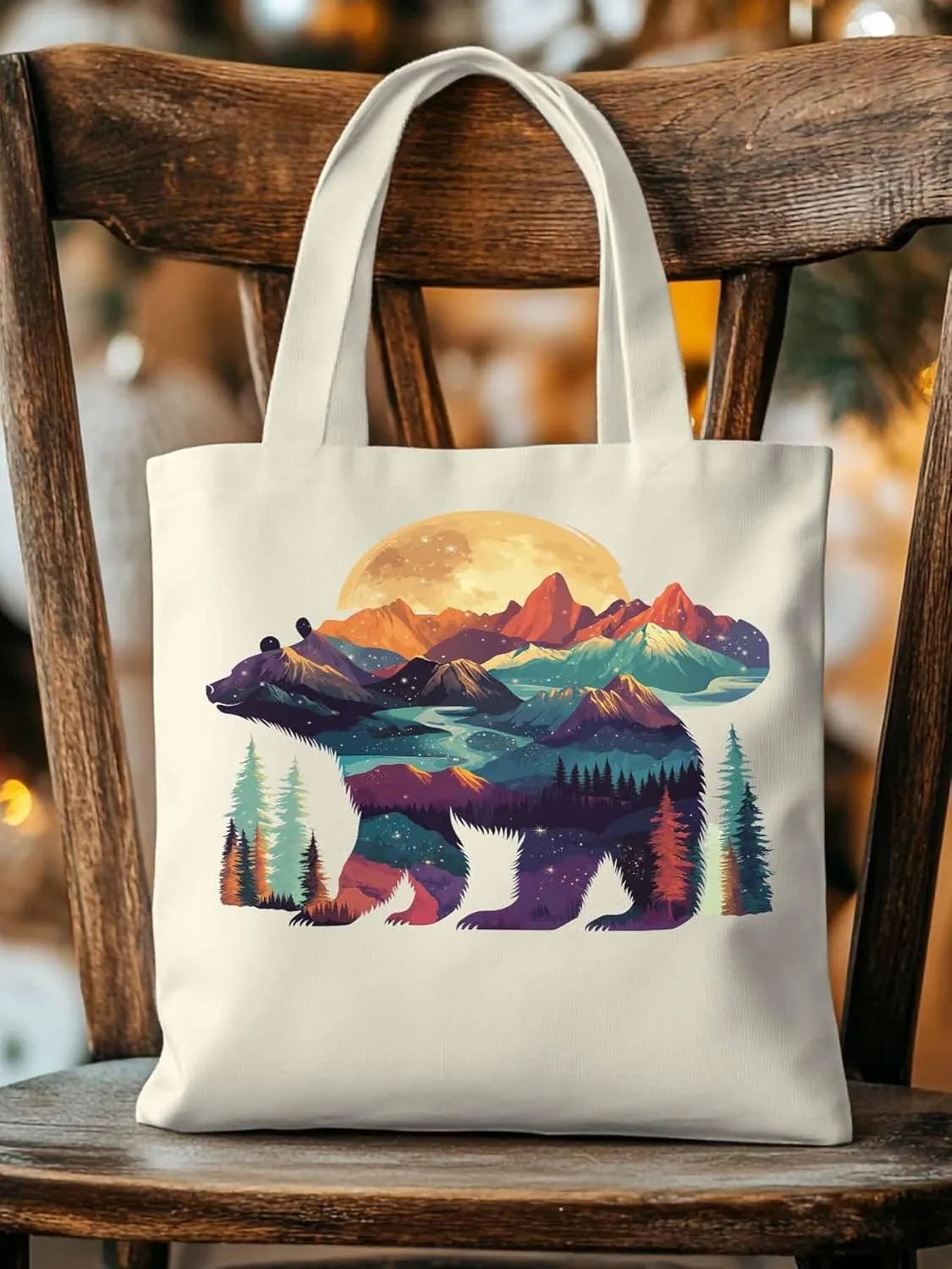 Canvas Tote Bag, Mountain Bear Nature Forest Landscape Aesthetic Canvas Tote Handbags for Women Shoulder Bag,