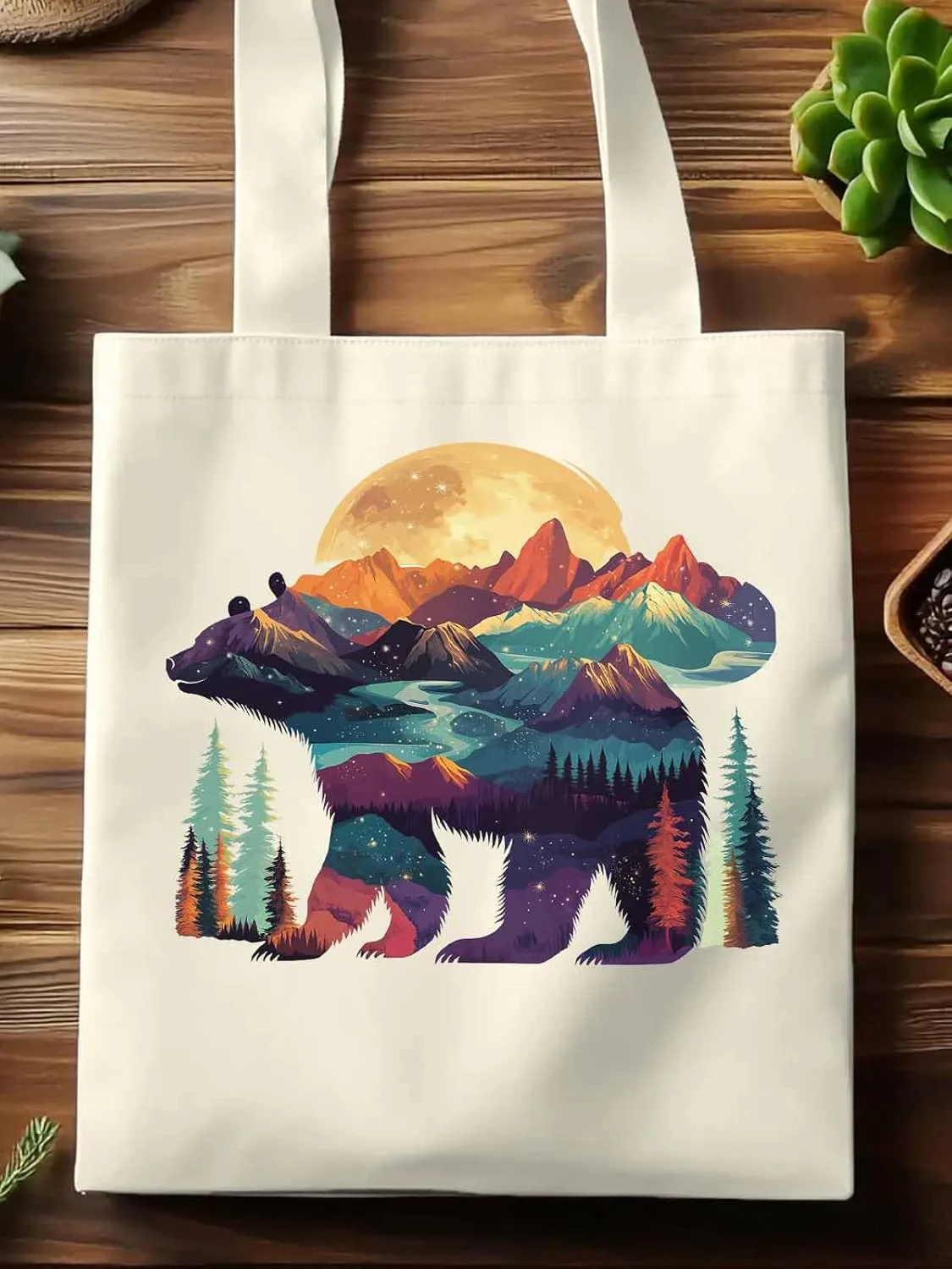 Canvas Tote Bag, Mountain Bear Nature Forest Landscape Aesthetic Canvas Tote Handbags for Women Shoulder Bag,