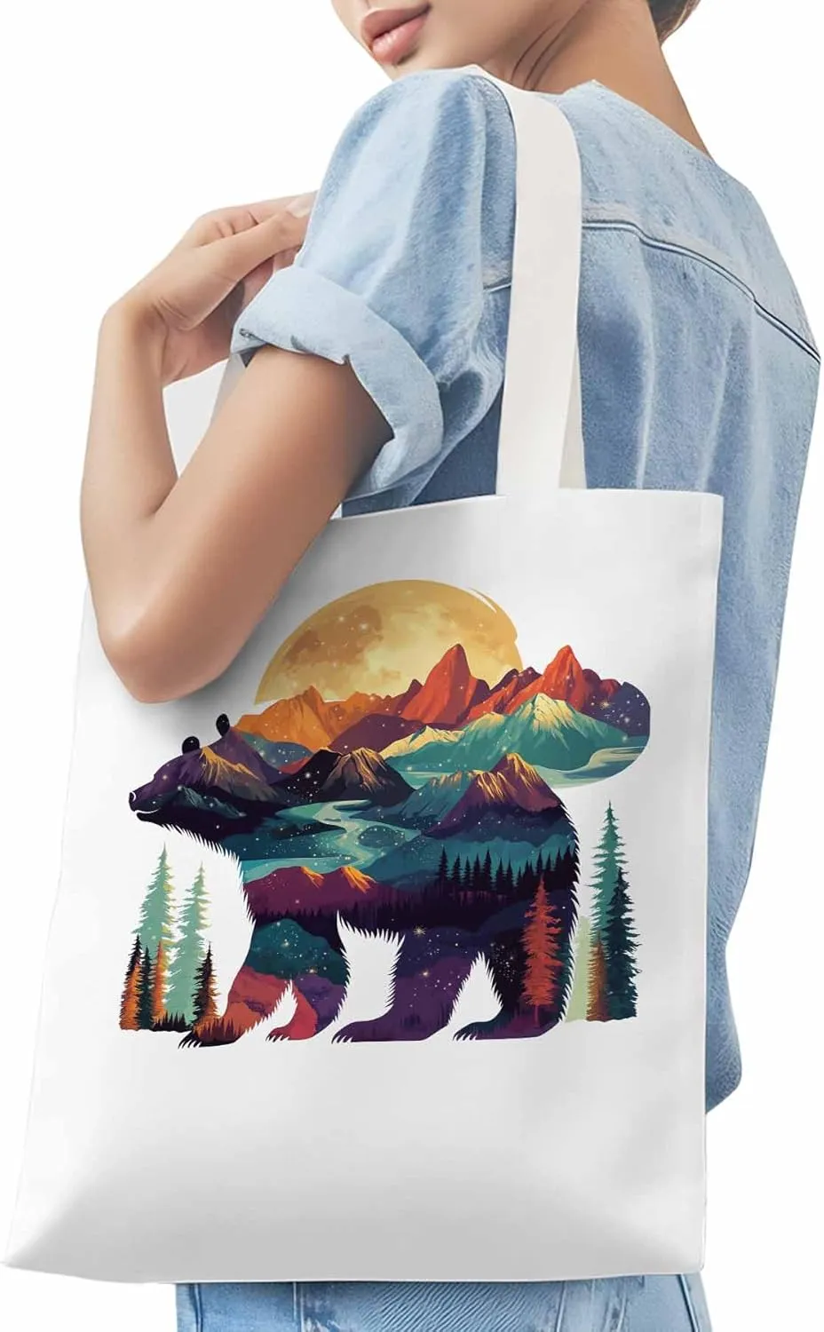 Canvas Tote Bag, Mountain Bear Nature Forest Landscape Aesthetic Canvas Tote Handbags for Women Shoulder Bag,
