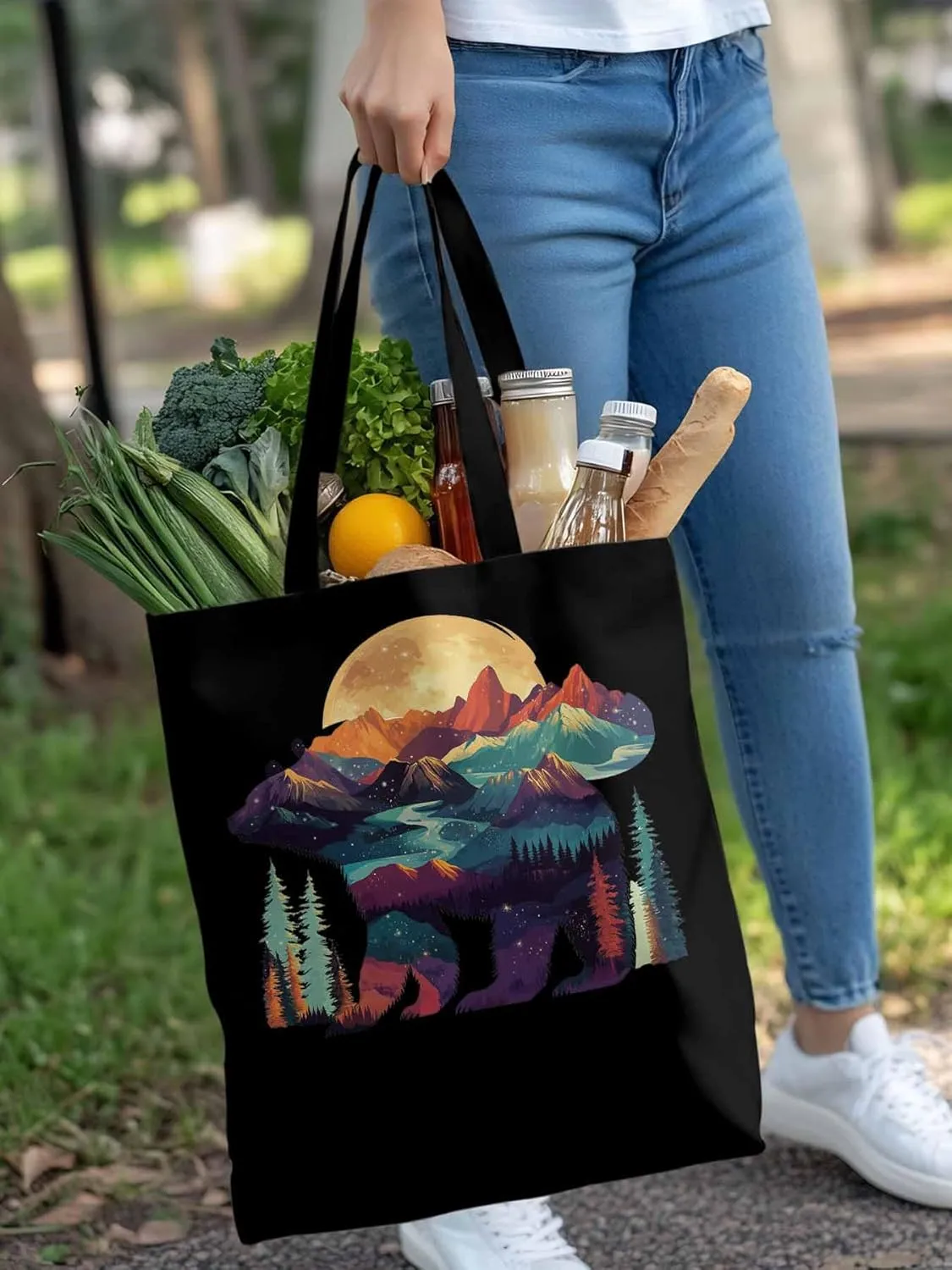 Canvas Tote Bag, Mountain Bear Nature Forest Landscape Aesthetic Canvas Tote Handbags for Women Shoulder Bag,