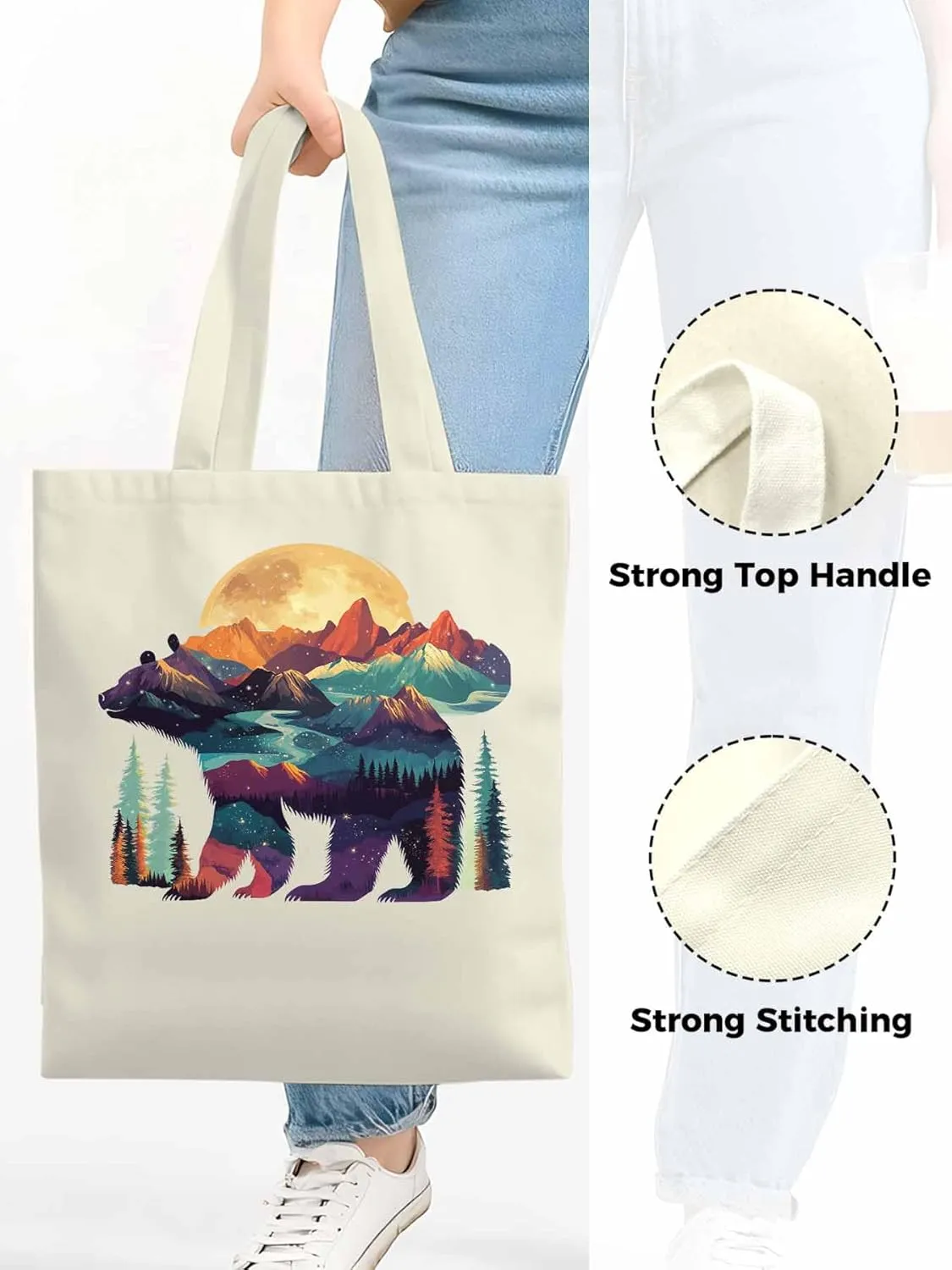 Canvas Tote Bag, Mountain Bear Nature Forest Landscape Aesthetic Canvas Tote Handbags for Women Shoulder Bag,