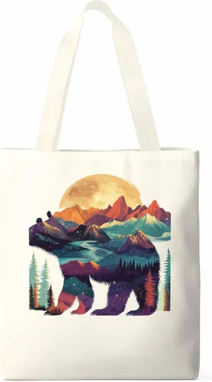 Canvas Tote Bag, Mountain Bear Nature Forest Landscape Aesthetic Canvas Tote Handbags for Women Shoulder Bag,