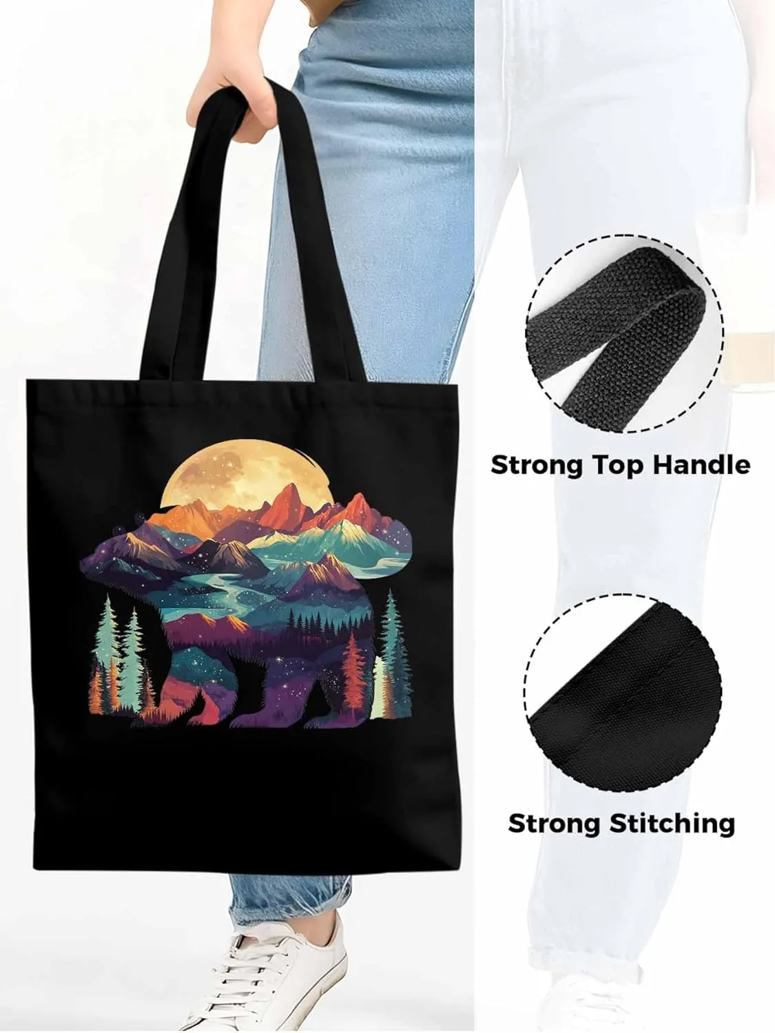 Canvas Tote Bag, Mountain Bear Nature Forest Landscape Aesthetic Canvas Tote Handbags for Women Shoulder Bag,