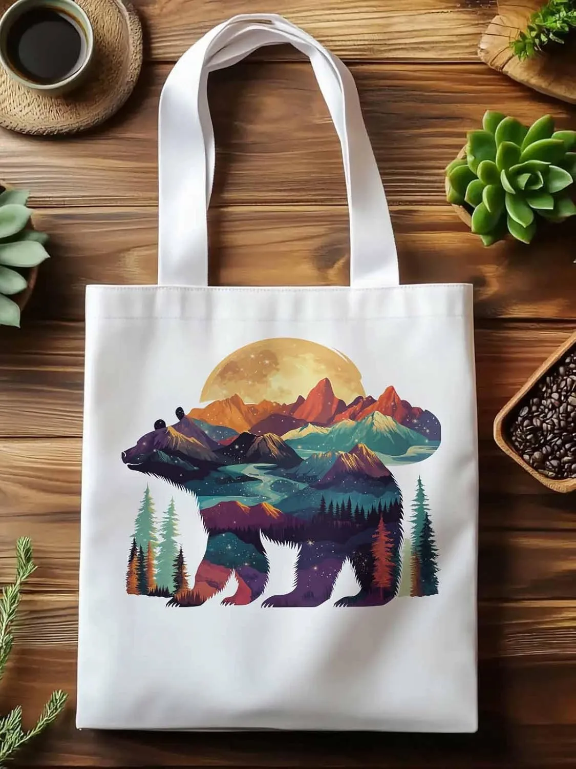 Canvas Tote Bag, Mountain Bear Nature Forest Landscape Aesthetic Canvas Tote Handbags for Women Shoulder Bag,