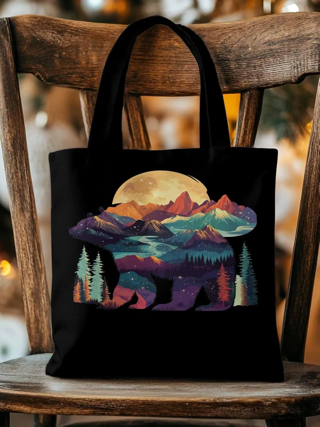 Canvas Tote Bag, Mountain Bear Nature Forest Landscape Aesthetic Canvas Tote Handbags for Women Shoulder Bag,